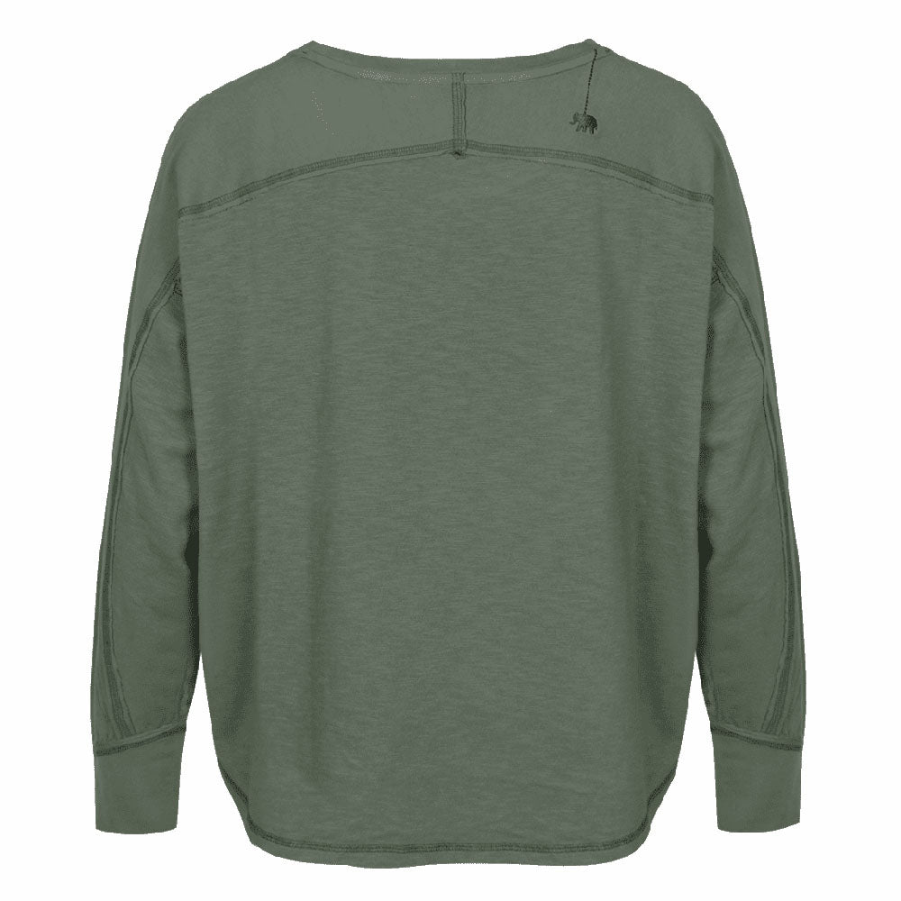 Love Joy Victory Longsleeve Daru Thyme Oliv Black Bio-Baumwolle Oversize-Fit Daumenloch Rückseite