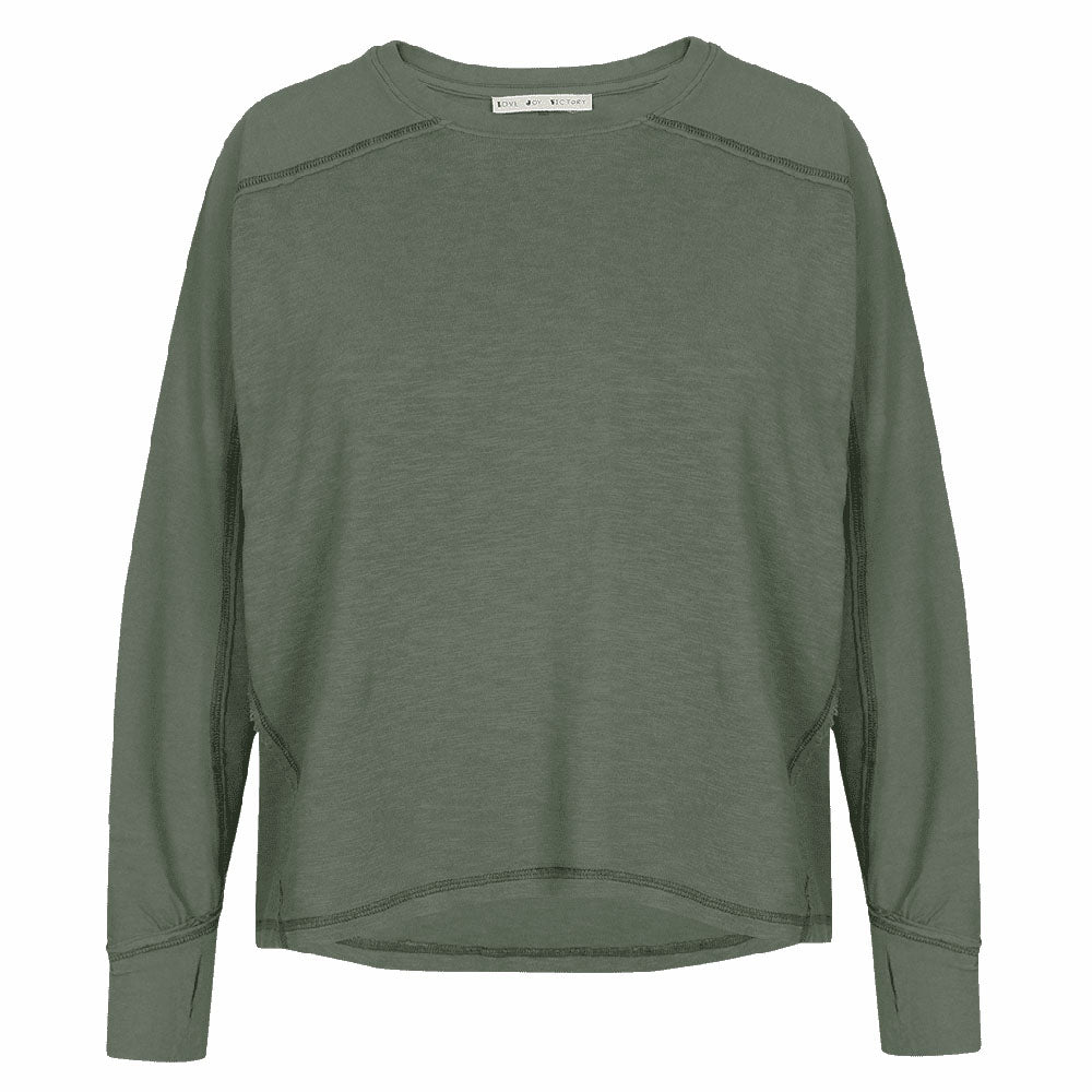 Love Joy Victory Longsleeve Daru Thyme Oliv Black Bio-Baumwolle Oversize-Fit Daumenloch