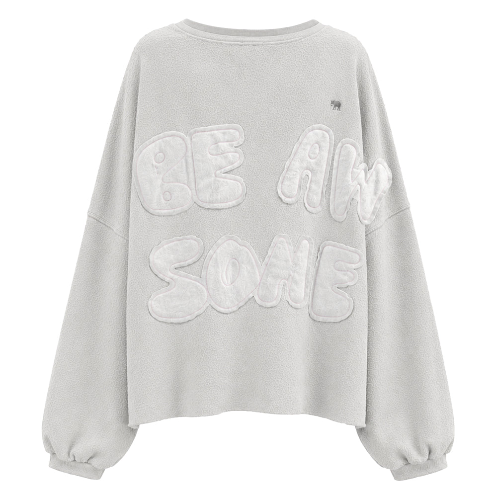 Love Joy Victory Oversize-Sweatshirt Bira Hellgrau Frottee-Stoff Be Awesome Applikation Raw-Edges Ballon-Ärmel Rückseite