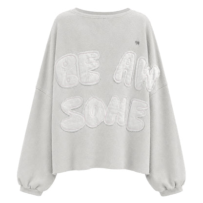 Love Joy Victory Oversize-Sweatshirt Bira Hellgrau Frottee-Stoff Be Awesome Applikation Raw-Edges Ballon-Ärmel Rückseite
