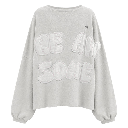 Love Joy Victory Oversize-Sweatshirt Bira Hellgrau Frottee-Stoff Be Awesome Applikation Raw-Edges Ballon-Ärmel Rückseite