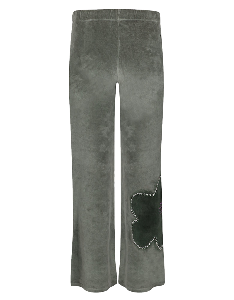 Love Joy Victory Sweatpants Bajna Olivgrün Laurel Wreath Flared-Passform Florale Applikation Velvet-Stoff Rückseite