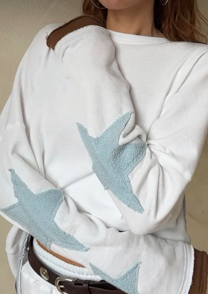Love Joy Victory Sweatshirt Hopewell Stern-Patches Weiß Hellblau Bio-Baumwolle Detail
