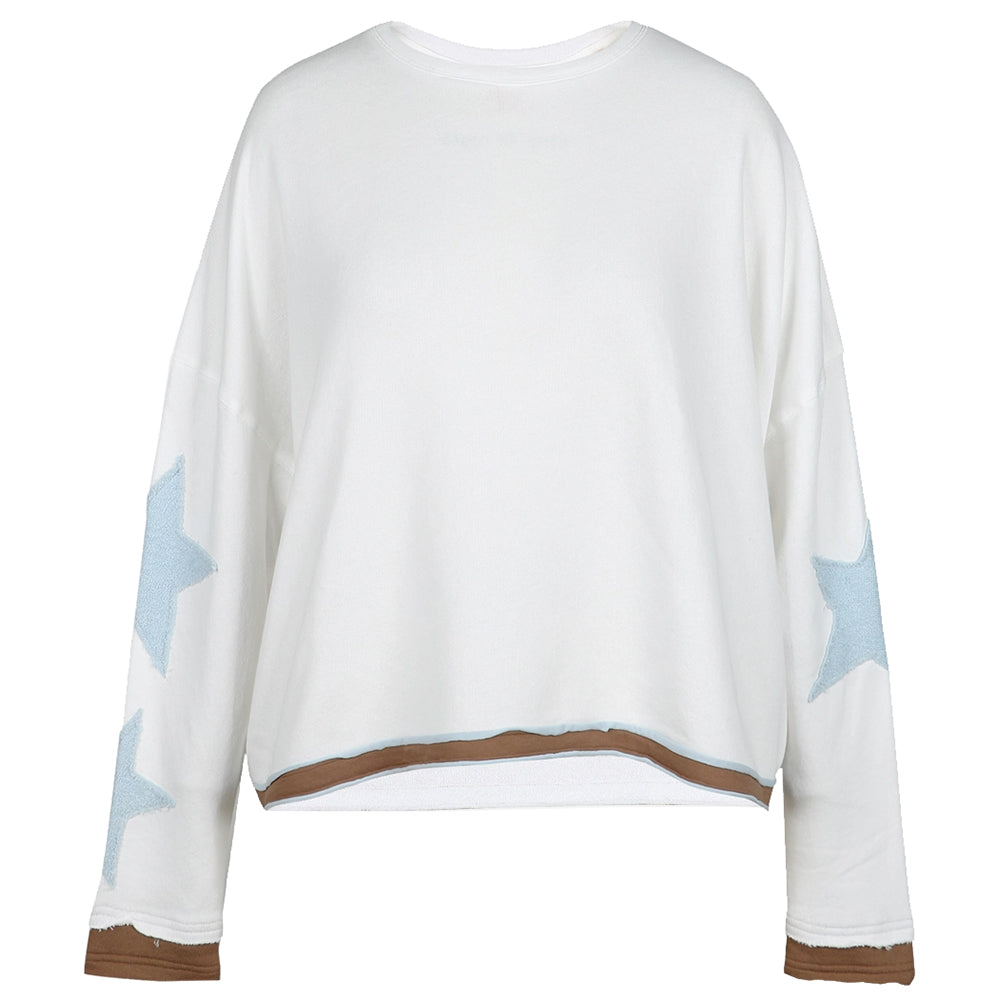 Love Joy Victory Sweatshirt Hopewell Stern-Patches Weiß Hellblau Bio-Baumwolle