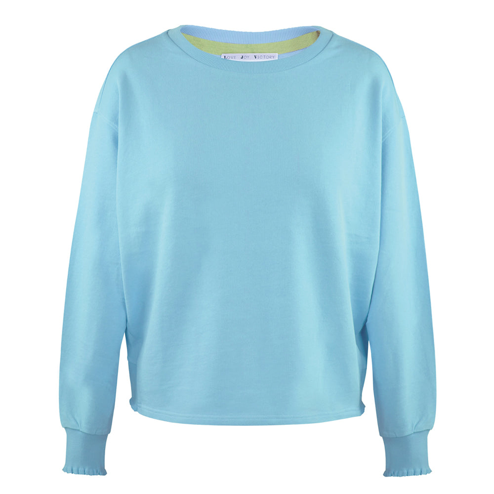 Love Joy Victory Sweatshirt Wellennaht Ruffles Rüschensaum Bio-Baumwolle Hellblau Clear Water