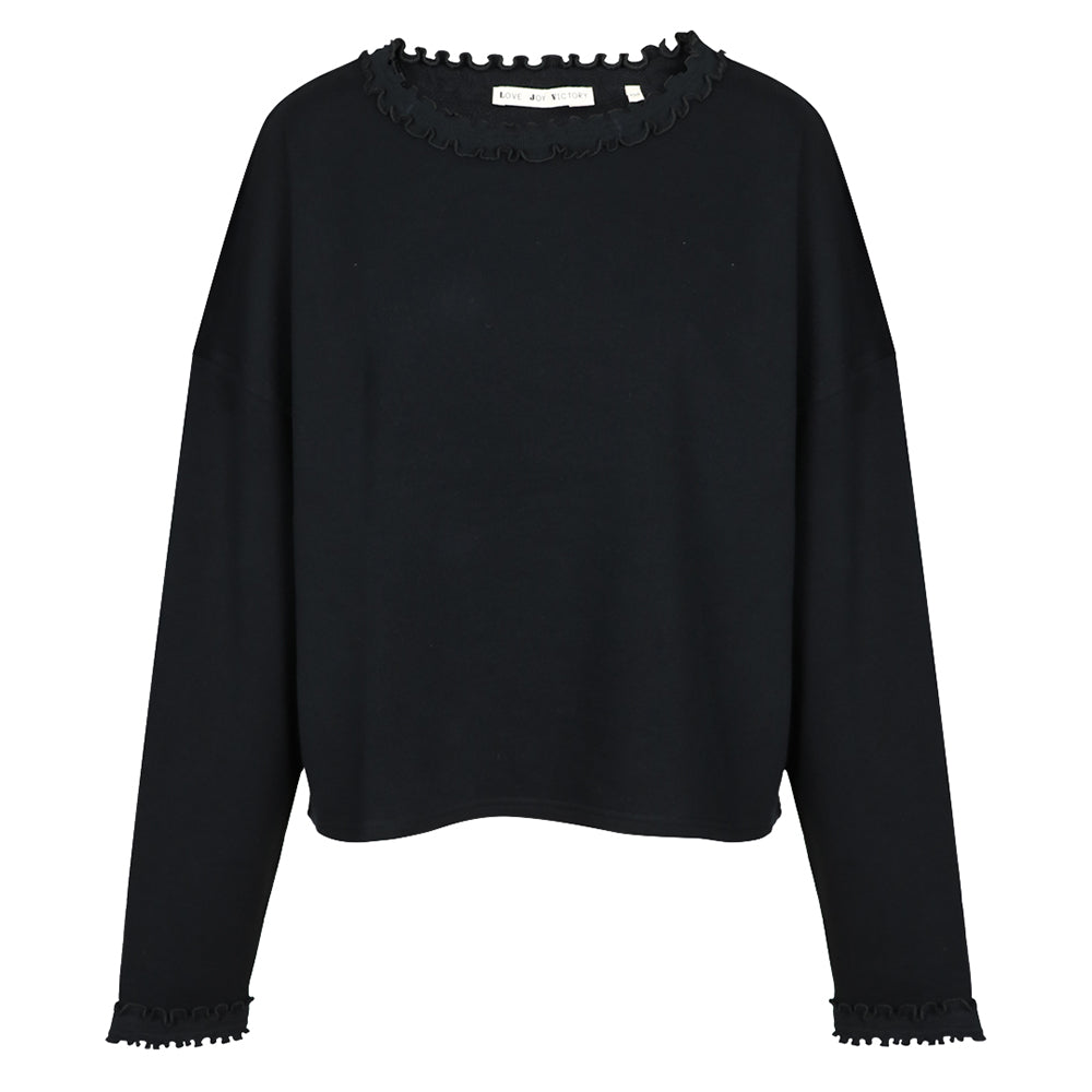 Love Joy Victory Sweatshirt Viola Black Schwarz Relaxed-Fit French Terry Lettuce-Edge-Details Wellensaum