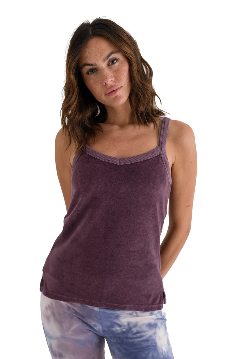 Love Joy Victory Top Shady Terry Velvet-Stoff Samt-Haptik 100% Bio-Baumwolle Eggplant Aubergine Model