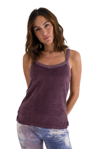 Love Joy Victory Top Shady Terry Velvet-Stoff Samt-Haptik 100% Bio-Baumwolle Eggplant Aubergine Model
