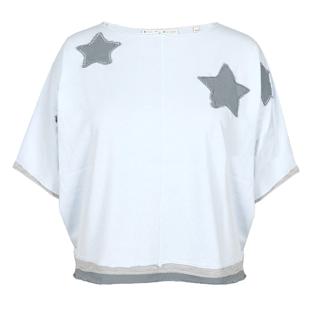 Love Joy Victory T-Shirt Rumbia Stern-Patches Blue Ice Grau Bio-Baumwolle
