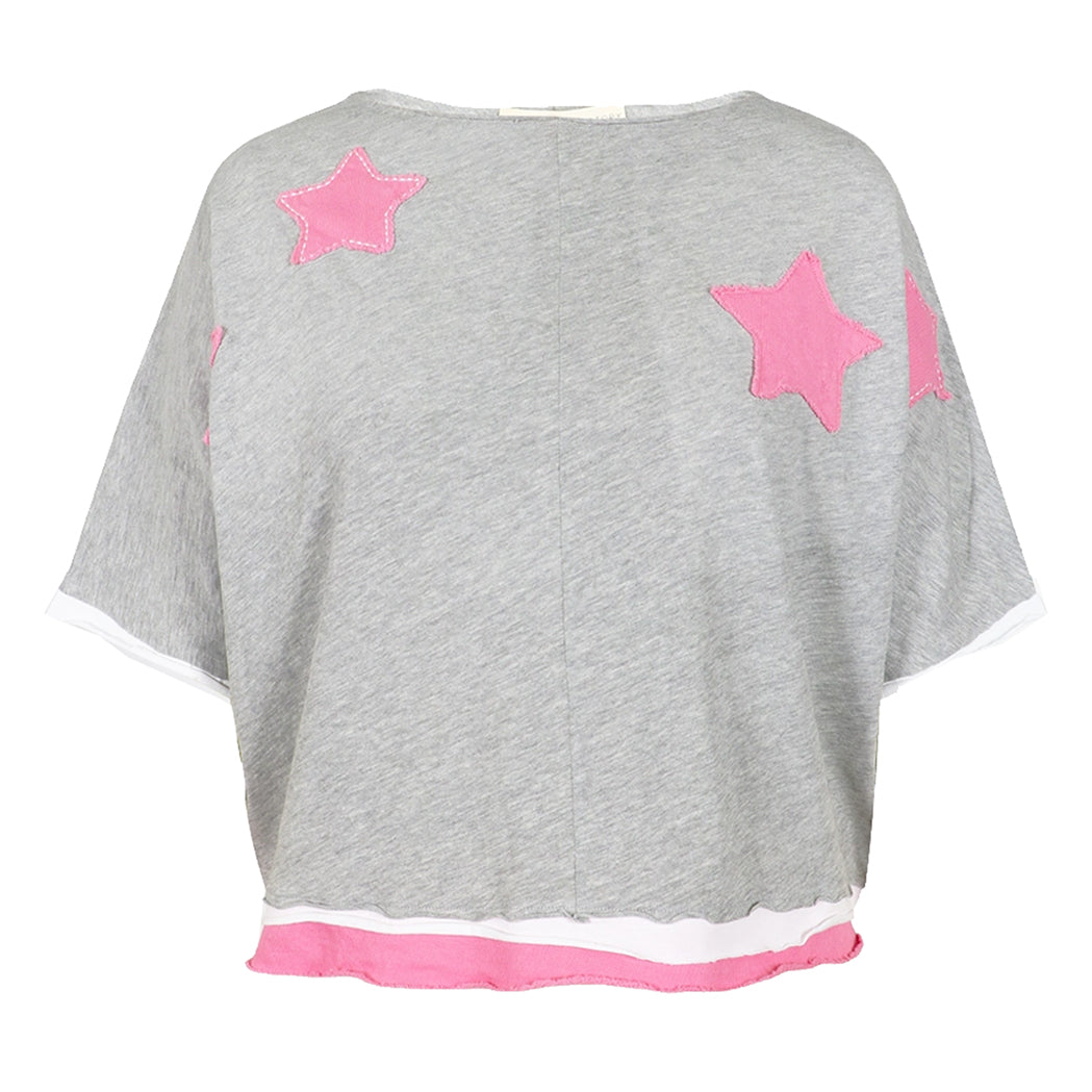 Love Joy Victory T-Shirt Rumbia Stern-Patches Grau Pink Bio-Baumwolle