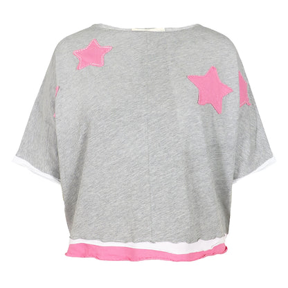 Love Joy Victory T-Shirt Rumbia Stern-Patches Grau Pink Bio-Baumwolle