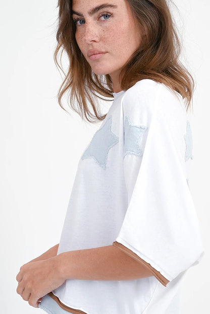 Love Joy Victory T-Shirt Rumbia Stern-Patches Weiß Bio-Baumwolle Model 2