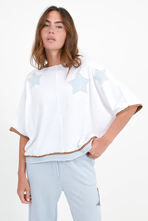 Love Joy Victory T-Shirt Rumbia Stern-Patches Weiß Bio-Baumwolle Model