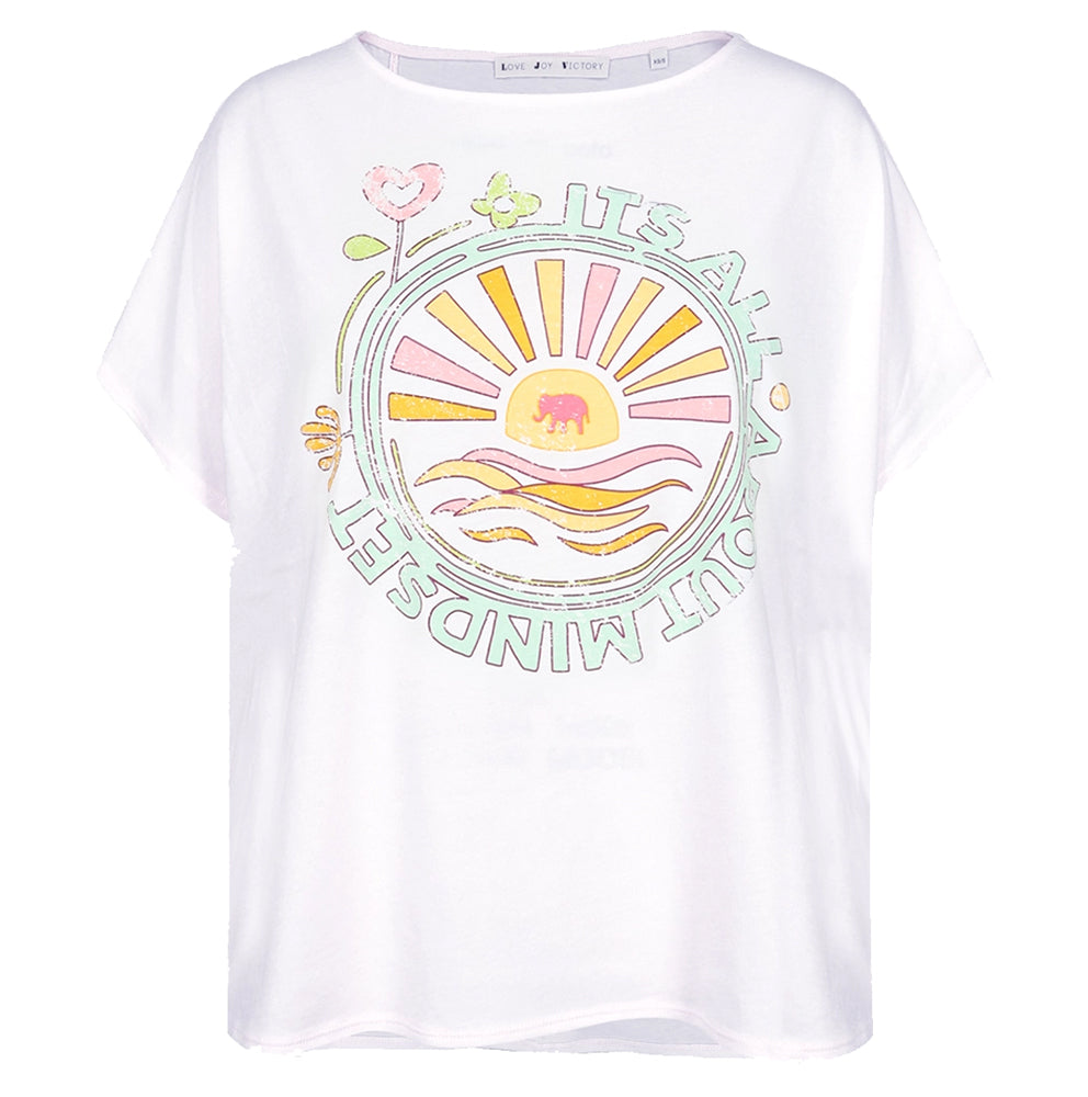 Love Joy Victory T-Shirt Yara Print Oversize Weiß Bio-Baumwolle
