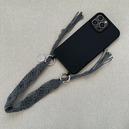 Mahawo Kurze Handykette Deep Storm Grau mit Quasten Handgeknüpftes Unikat Mexiko Handyhülle