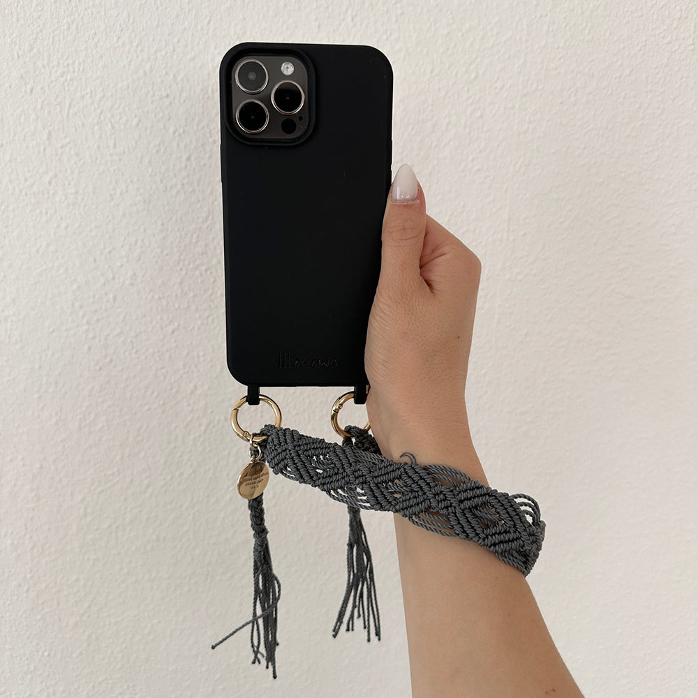 Mahawo Kurze Handykette Deep Storm Grau mit Quasten Handgeknüpftes Unikat Mexiko Model Handyhülle