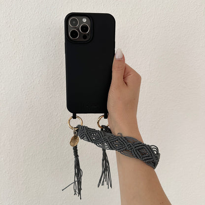Mahawo Kurze Handykette Deep Storm Grau mit Quasten Handgeknüpftes Unikat Mexiko Model Handyhülle