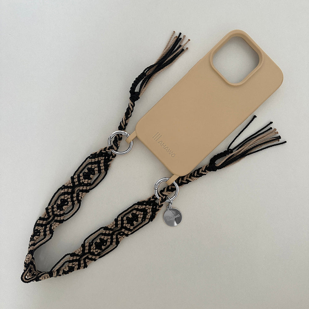 Mahawo Kurze Handykette Espresso Macchiato Schwarz Beige mit Quasten Handgeknüpftes Unikat Mexiko Handyhülle