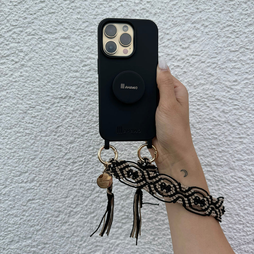 Mahawo Kurze Handykette Espresso Macchiato Schwarz Beige mit Quasten Handgeknüpftes Unikat Mexiko Model Handyhülle