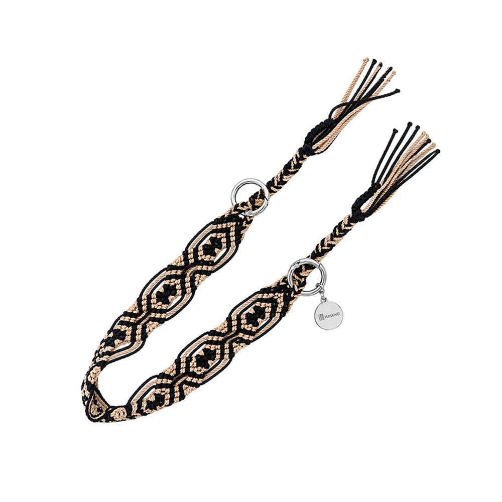Mahawo Kurze Handykette Espresso Macchiato Schwarz Beige mit Quasten Handgeknüpftes Unikat Mexiko