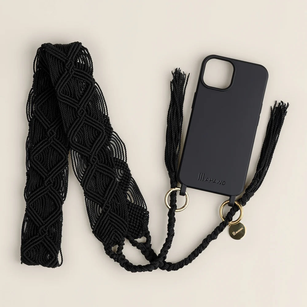 Mahawo Lange Breite Handykette Black Pearl Schwarz mit Quasten Handgeknüpftes Unikat Mexiko Handyhülle