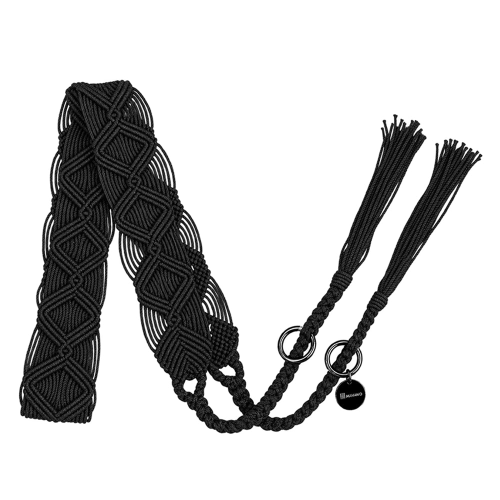 Mahawo Lange Breite Handykette Black Pearl Schwarz mit Quasten Handgeknüpftes Unikat Mexiko