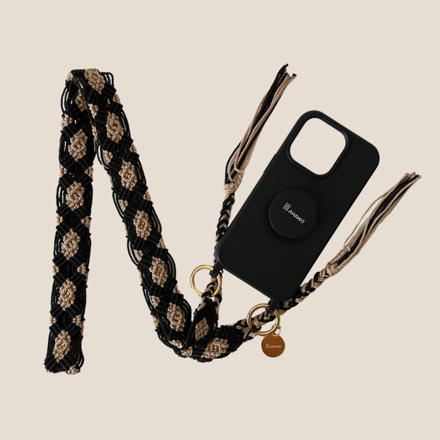 Mahawo Lange Schmale Handykette Dark Night Schwarz Beige mit Quasten Handgeknüpftes Unikat Mexiko Handyhülle