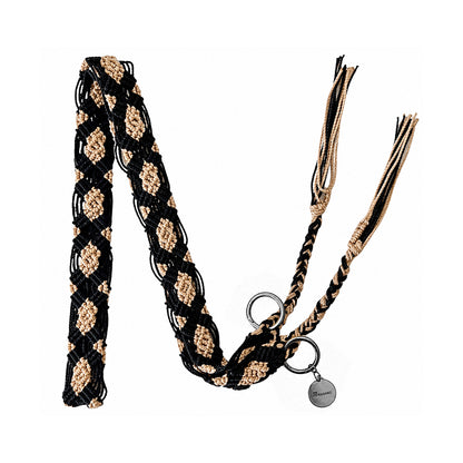 Mahawo Lange Schmale Handykette Dark Night Schwarz Beige mit Quasten Handgeknüpftes Unikat Mexiko