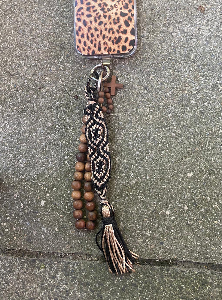 Mahawo Schlüsselanhänger Kurze Handykette Espresso Macchiato Beige Schwarz Quaste Handgeknüpft Unikat Handyhülle