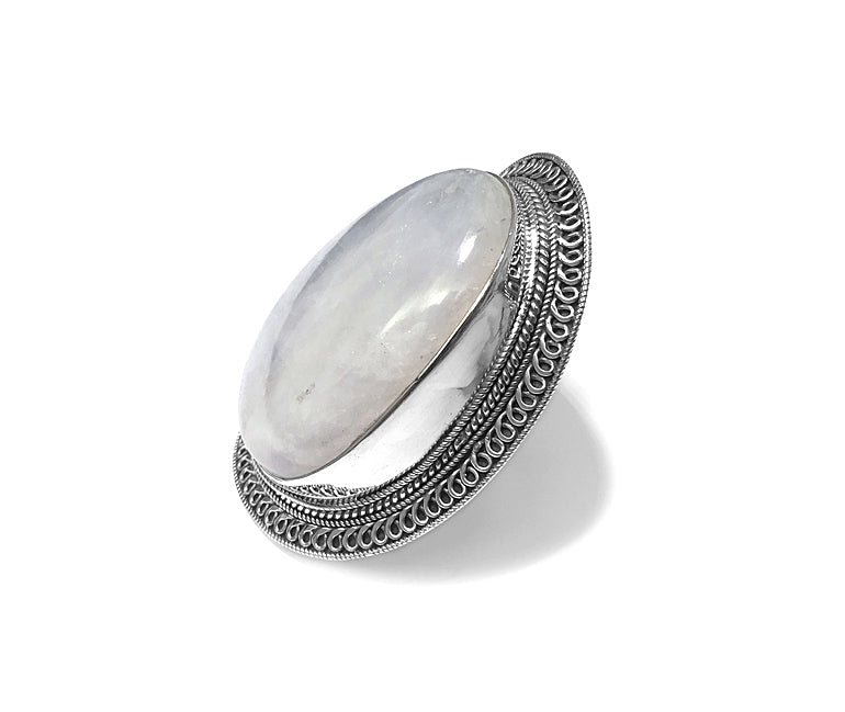 Boho Mondstein-Ring Unikat Gross Sterling Silber Größenverstellbar Seitlich