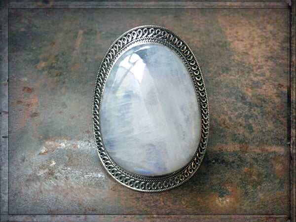 Boho Mondstein-Ring Unikat Gross 925 Sterling Silber Größenverstellbar