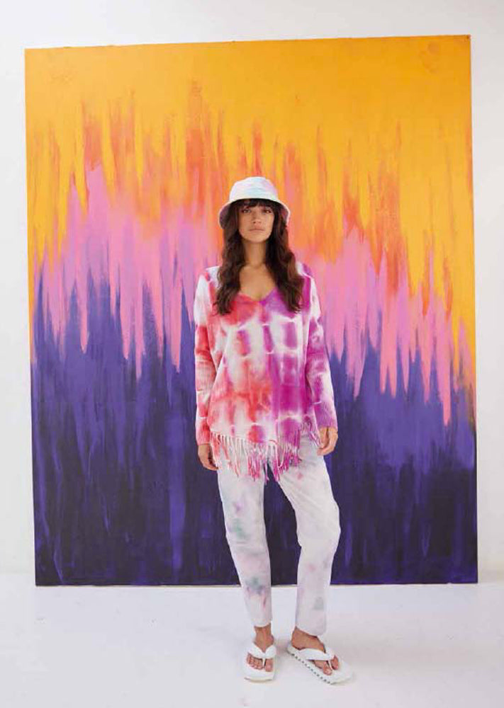 Notshy Batik Poncho Pullover Fransensaum Pink Rippärmel Tie & Dye Model 2