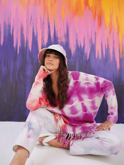 Notshy Batik Poncho Pullover Fransensaum Pink Rippärmel Tie & Dye Model