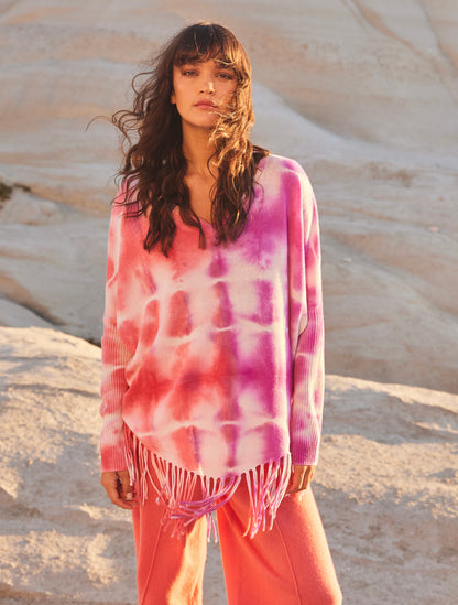 Notshy Batik Poncho Pullover Fransensaum Pink Coral Weiß Rippärmel Tie & Dye