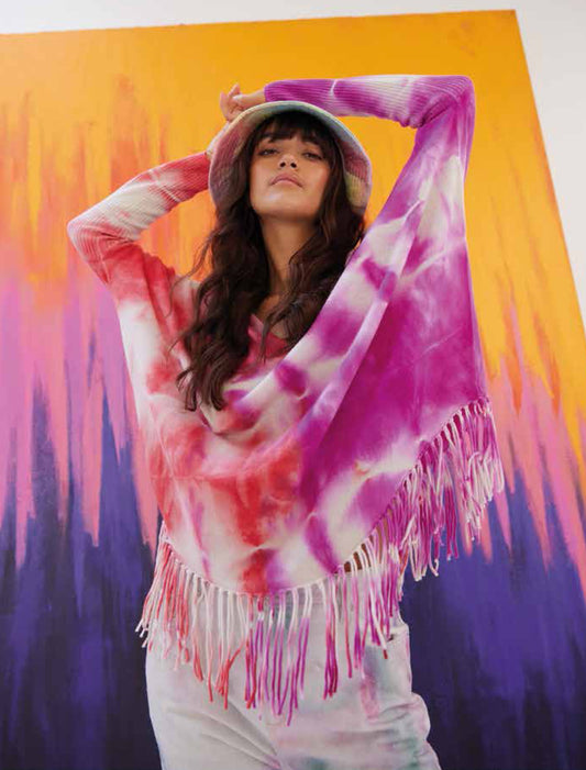 Notshy Batik Poncho Pullover Fransensaum Pink Rippärmel Tie & Dye