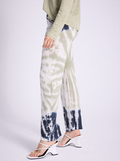Notshy Boho Batikkhose Aki Tie & Dye Salbei Ecru Navy Modal-Kaschmir-Mix Straight Fit Elastischer Bund Seitlich