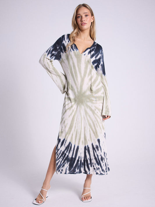 Notshy Langes Boho Batikkleid Alphee Tie & Dye Salbei Ecru Navy Modal-Kaschmir-Mix Quasten-Detail