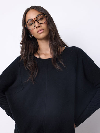 Notshy Kaschmir Pullover Bourna Schwarz Entspannte Passform Lange Rippärmel Seitenschlitze Detail