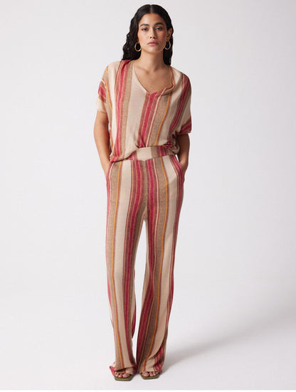Notshy Hose Streifen Kaschmir-Modal-Mix Beige Grün Türkis Straight Fit Model 2