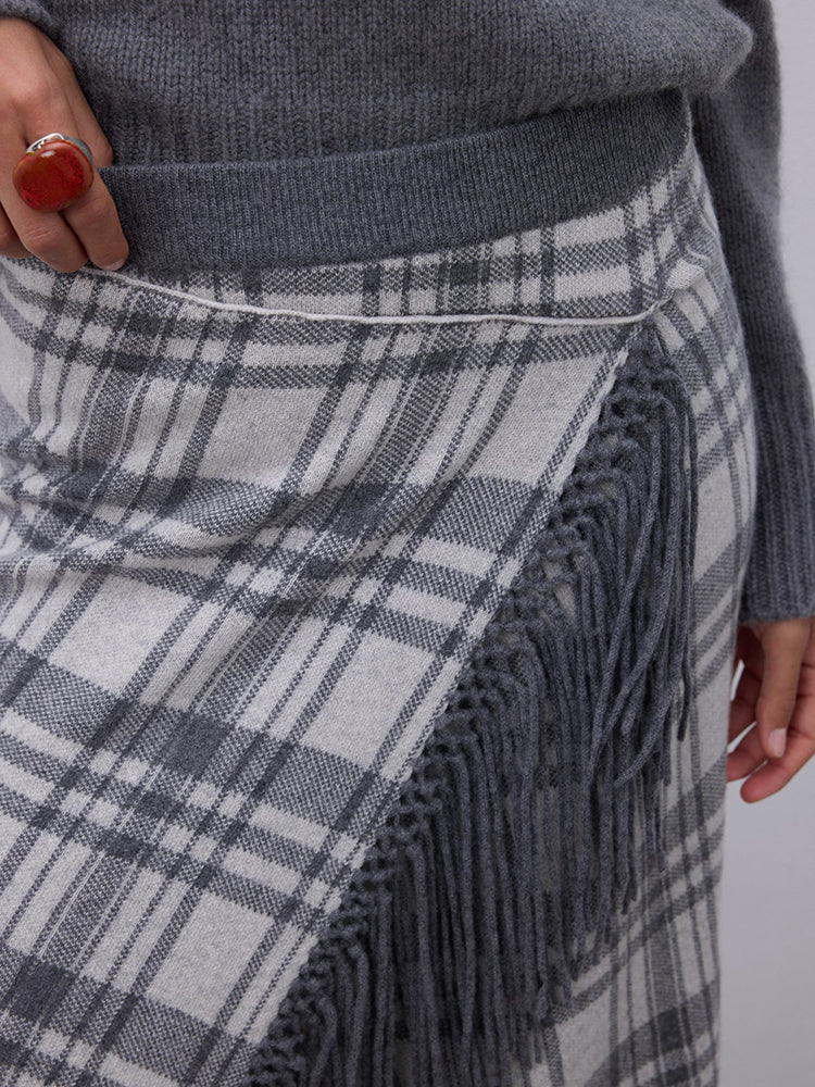 Notshy Kaschmir Karo Fransenrock Gris Clair Gris Foncé Hellgrau Dunkelgrau 100% Kaschmir Straight-Fit Midi Detail