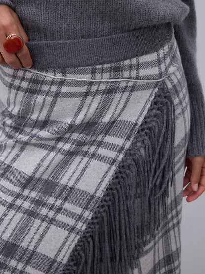 Notshy Kaschmir Karo Fransenrock Gris Clair Gris Foncé Hellgrau Dunkelgrau 100% Kaschmir Straight-Fit Midi Detail