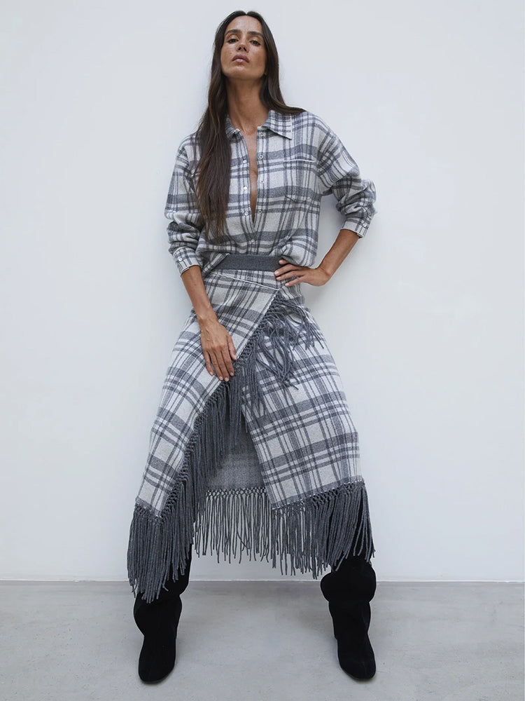 Notshy Kaschmir Karo Fransenrock Gris Clair Gris Foncé Hellgrau Dunkelgrau 100% Kaschmir Straight-Fit Midi Model 2