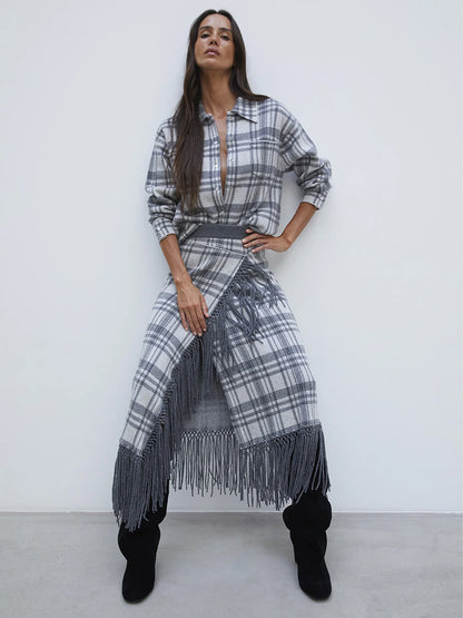 Notshy Kaschmir Karo Fransenrock Gris Clair Gris Foncé Hellgrau Dunkelgrau 100% Kaschmir Straight-Fit Midi Model 2