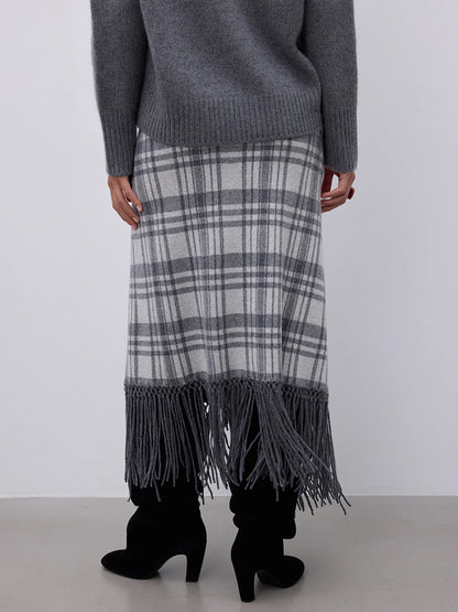 Notshy Kaschmir Karo Fransenrock Gris Clair Gris Foncé Hellgrau Dunkelgrau 100% Kaschmir Straight-Fit Midi Model Rückseite