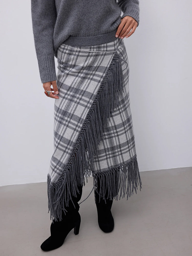 Notshy Kaschmir Karo Fransenrock Gris Clair Gris Foncé Hellgrau Dunkelgrau 100% Kaschmir Straight-Fit Midi Model Detail 2