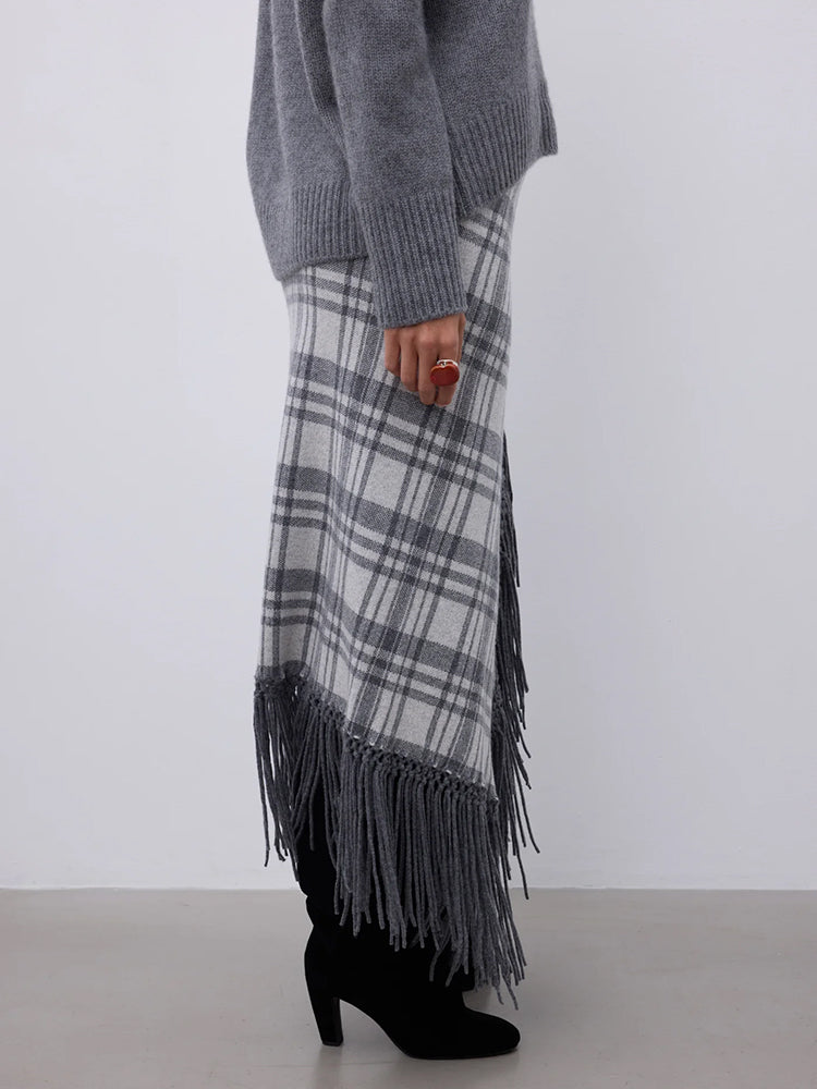 Notshy Kaschmir Karo Fransenrock Gris Clair Gris Foncé Hellgrau Dunkelgrau 100% Kaschmir Straight-Fit Midi Model Seitlich