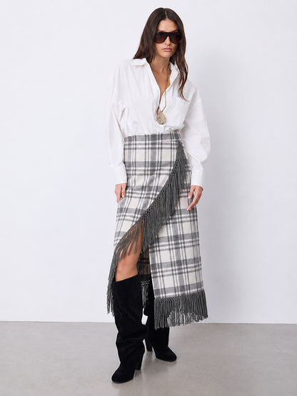 Notshy Kaschmir Karo Fransenrock Gris Clair Gris Foncé Hellgrau Dunkelgrau 100% Kaschmir Straight-Fit Midi Model