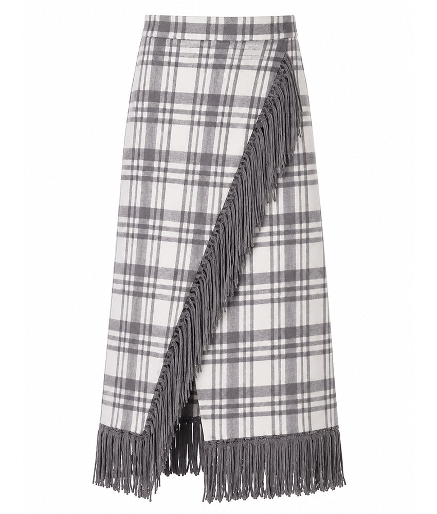 Notshy Kaschmir Karo Fransenrock Gris Clair Gris Foncé Hellgrau Dunkelgrau 100% Kaschmir Straight-Fit Midi