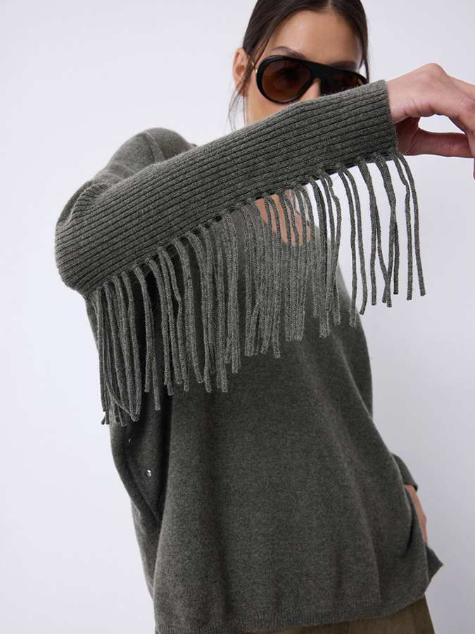 Notshy Cashmere Fransenpullover Nieten 100% Kaschmir Ash Grau Boho-Style