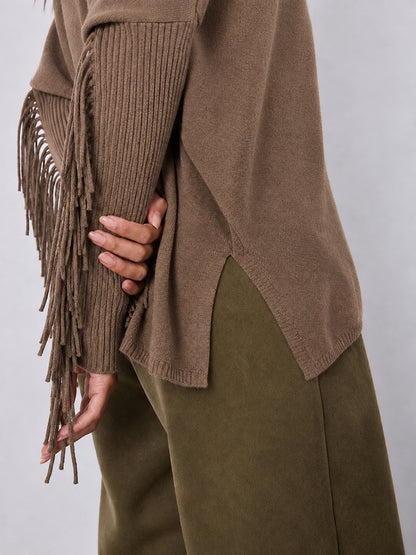 Notshy Kaschmir Fransenpullover Fenna Café au Lait Hellbraun 100% Kaschmir Poncho Rippärmel Casual-Fit Detail